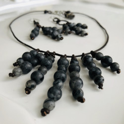 LEATHER NECKLACE AND EARRINGS NATURAL GRAY AGATE STONE LEATHER NECKLACE AND EARRINGS NATURAL GRAY AGATE STONE
