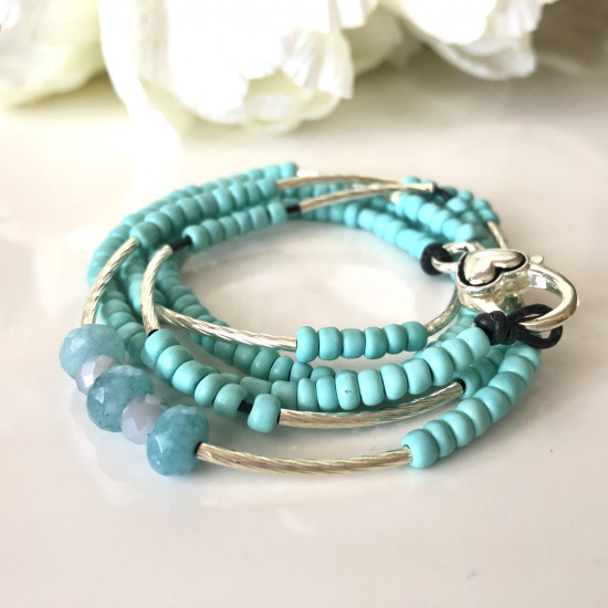 Leather Wrap Bracelet Natural Blue   Stone