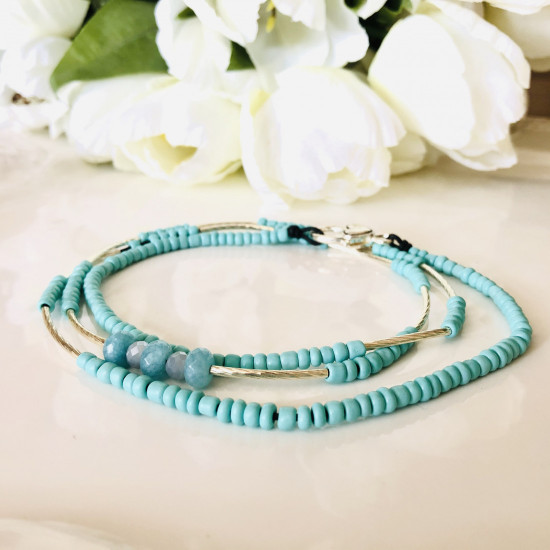 Leather Wrap Bracelet Natural Blue   Stone