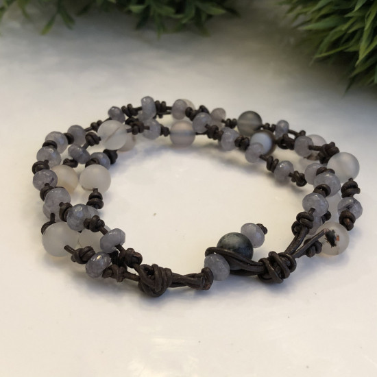 Leather Bracelet Natural Gray Agate Stone
