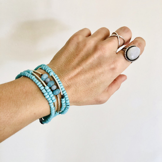 Leather Wrap Bracelet Natural Blue   Stone