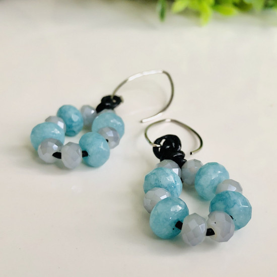 Leather Earring Natural Blue Agate Stone