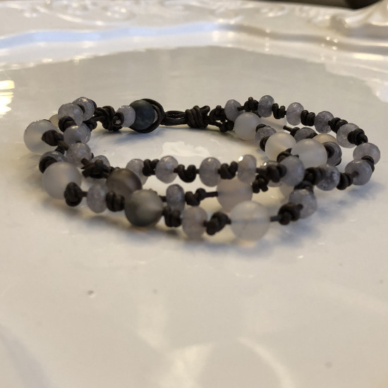 Leather Bracelet Natural Gray Agate Stone