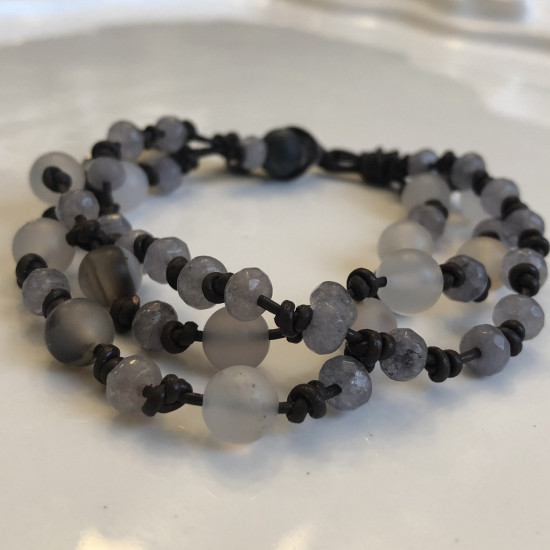 Leather Bracelet Natural Gray Agate Stone