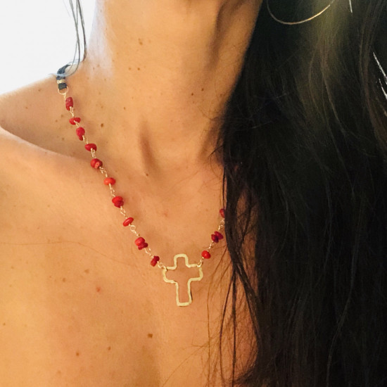 CROSS IN A RED CORAL STONES NECKLACE