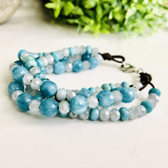 Leather Bracelet Natural Blue Agate Stone Full