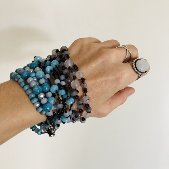 Leather Bracelet Natural Blue Agate Stone Full