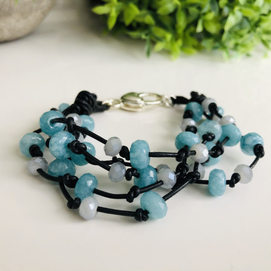 Leather Bracelet Natural Blue Agate Stone