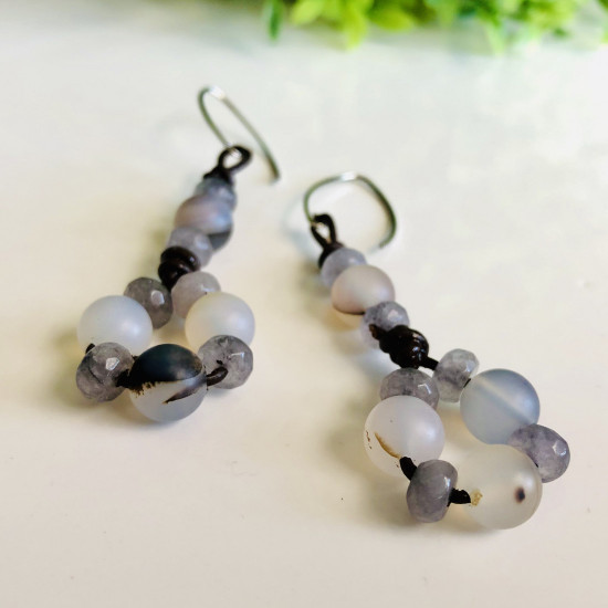 Leather Earrings Natural Gray Agate Stone