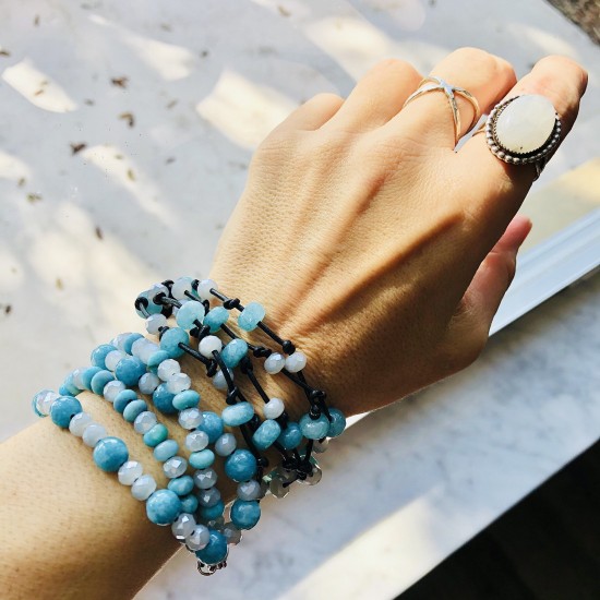 Leather Bracelet Natural Blue Agate Stone Leather Bracelet Natural Blue Agate Stone