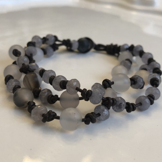 Leather Bracelet Natural Gray Agate Stone Leather Bracelet Natural Gray Agate Stone