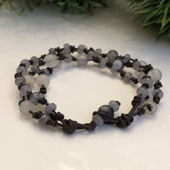 Leather Bracelet Natural Gray Agate Stone Leather Bracelet Natural Gray Agate Stone