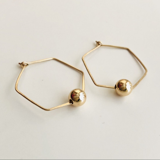 FLOATING BALL HEXAGON HOOP HAMMERED EARRINGS