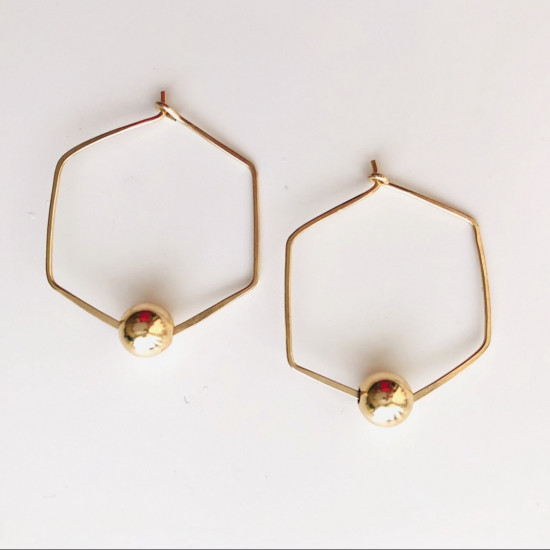 FLOATING BALL HEXAGON HOOP HAMMERED EARRINGS