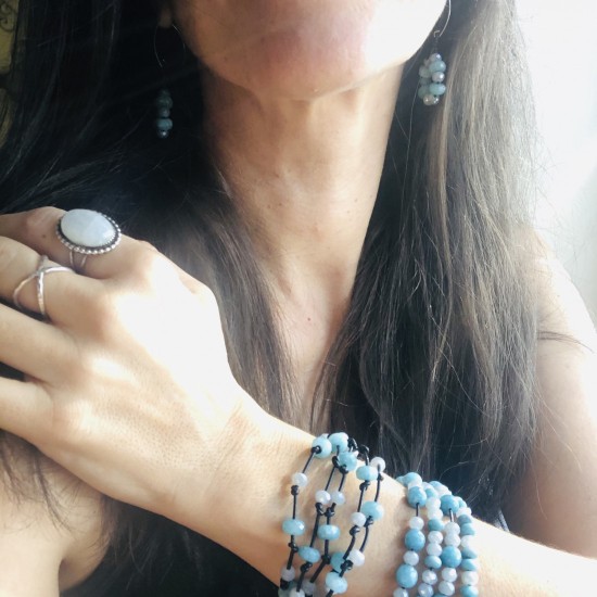 Leather Bracelet Natural Blue Agate Stone Leather Bracelet Natural Blue Agate Stone