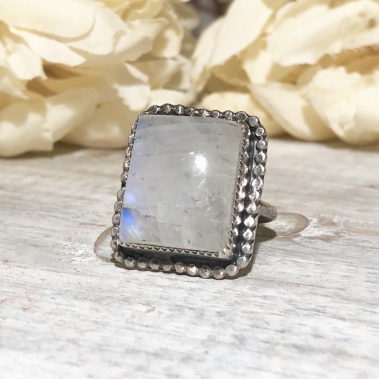 NATURAL RAINBOW MOONSTONE SQUARE OPEN RING NATURAL RAINBOW MOONSTONE SQUARE OPEN RING