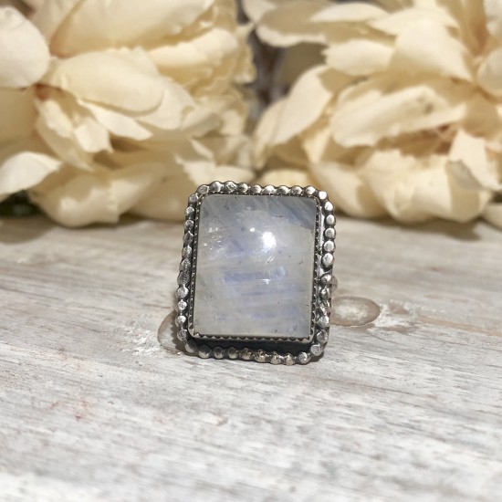 NATURAL RAINBOW MOONSTONE SQUARE OPEN RING NATURAL RAINBOW MOONSTONE SQUARE OPEN RING