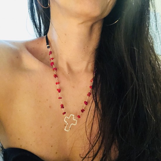 CROSS IN A RED CORAL STONES NECKLACE CROSS IN A RED CORAL STONES NECKLACE